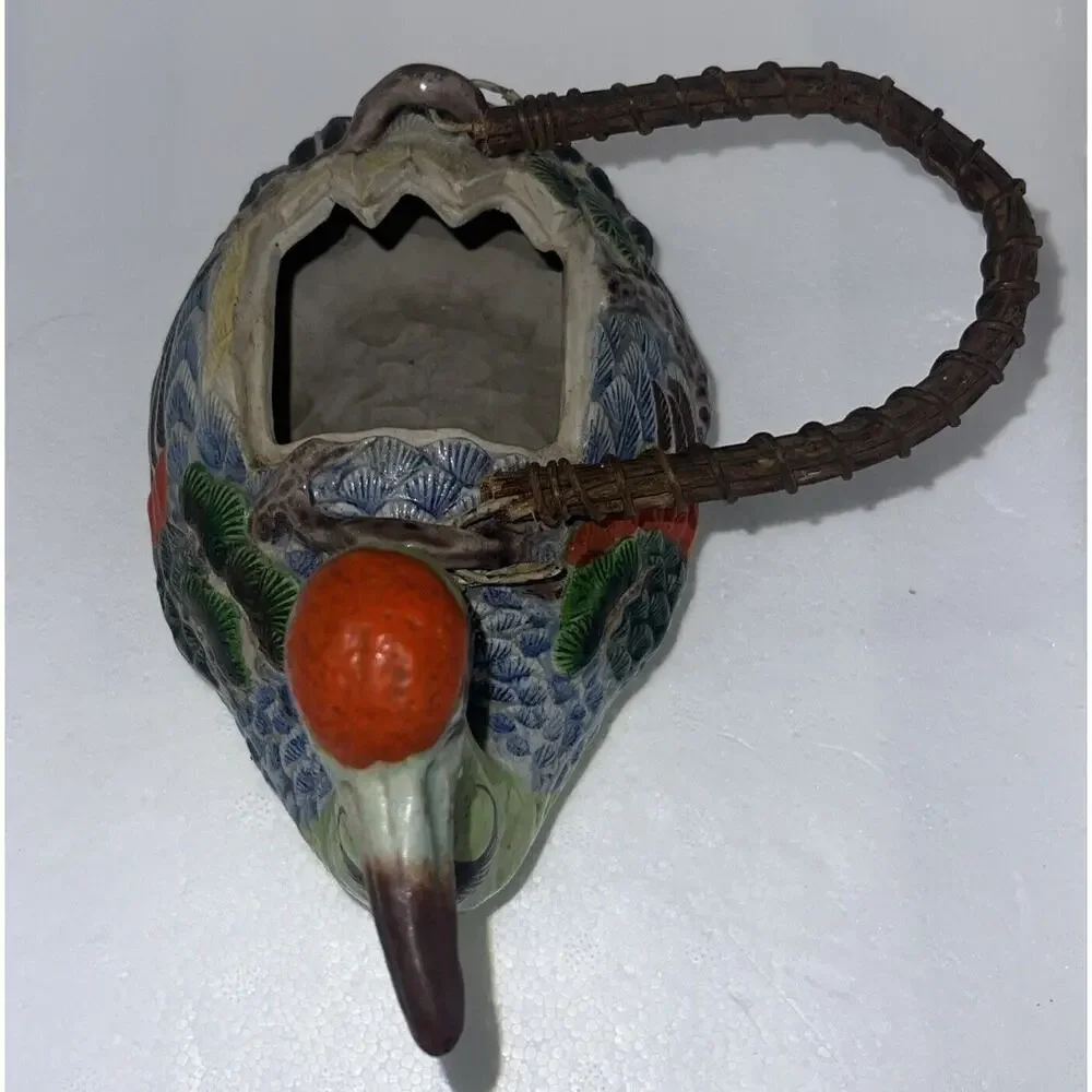 Collectible Hand Painted Banko Ware Duck Teapot, Wicker Bail Handle Japan